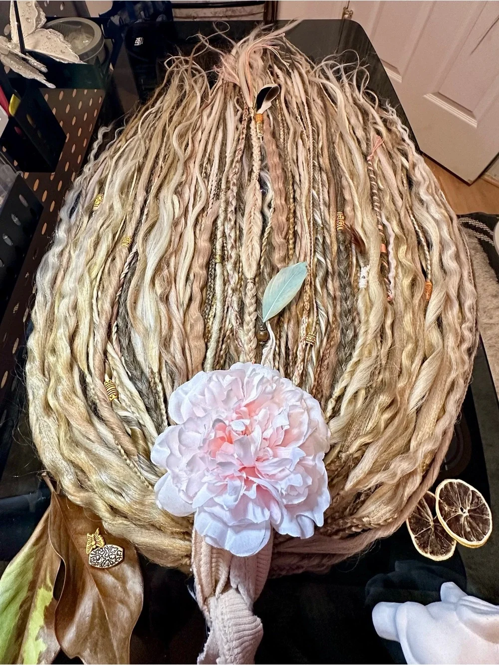 Boho Blonde Synthetic Dreadlock Hairpiece with Beads & Feathers - Picture 15 of 17